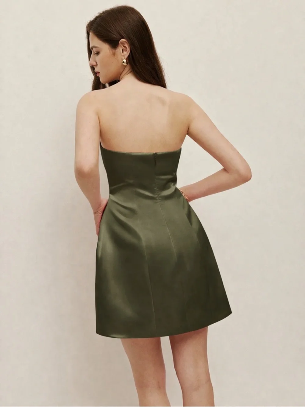 Strapless Olive Green Sculpted Mini Dress - Picture 2 of 3